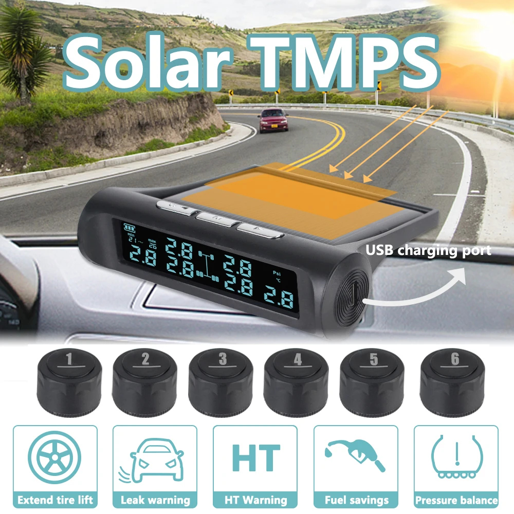 

Truck TMPS 6 Sensors Car Autotruck Tire Pressure Monitoring System Solar Digital Monitor For Tyre Tester Alarm Diagnostic Tools