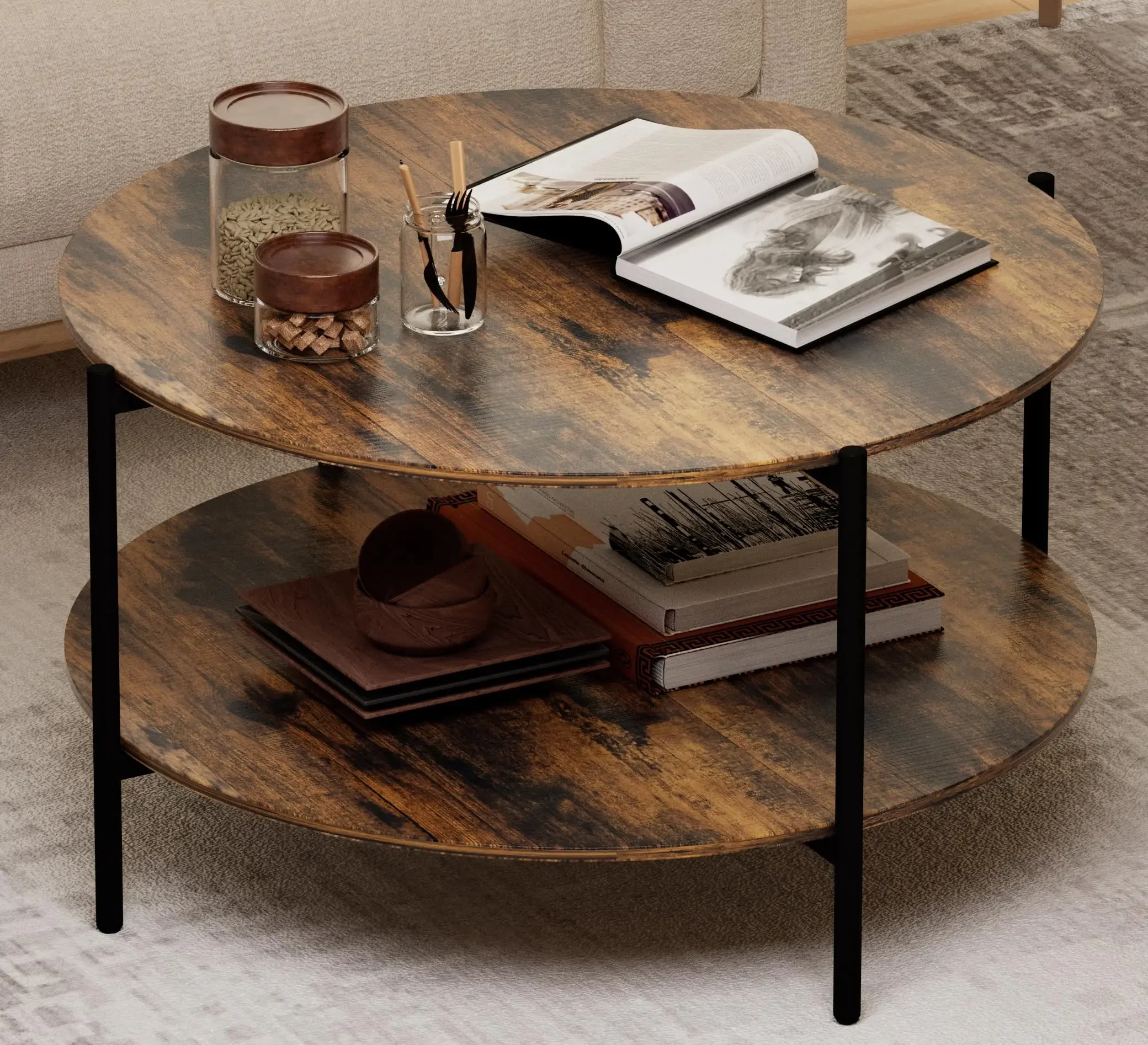 

Hot SalesAJUNION Walnut Wood Round Coffee Table 2-Tier Storage Circle Coffee Tables For Small Space Living Room Bedroom Balcony