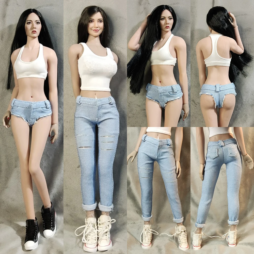 1/6 Scale Sexy Skinny Vest Tassel Low Waist Denim Shorts Pencil Jeans Trousers for 12'' Action Figure Body Model