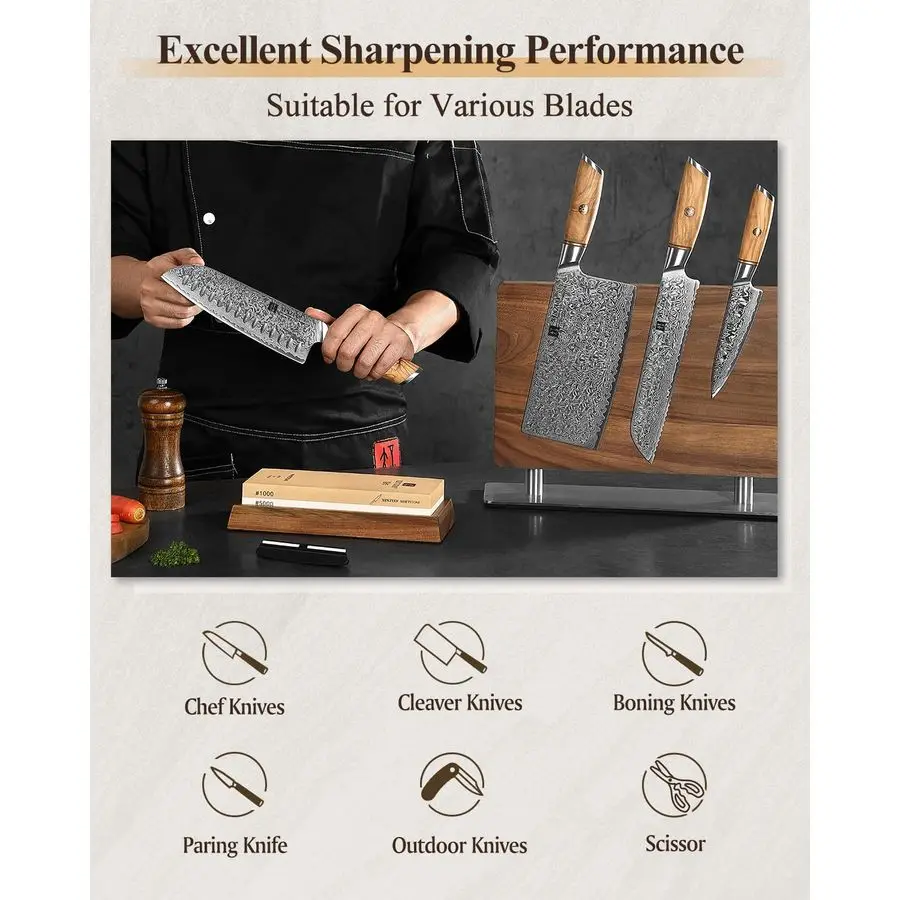شحذ StoneDual Grit 1000 5000 مبراة سكاكين حجرية كبيرة جدًا مع قاعدة خشب السنط، مسطح دايموند