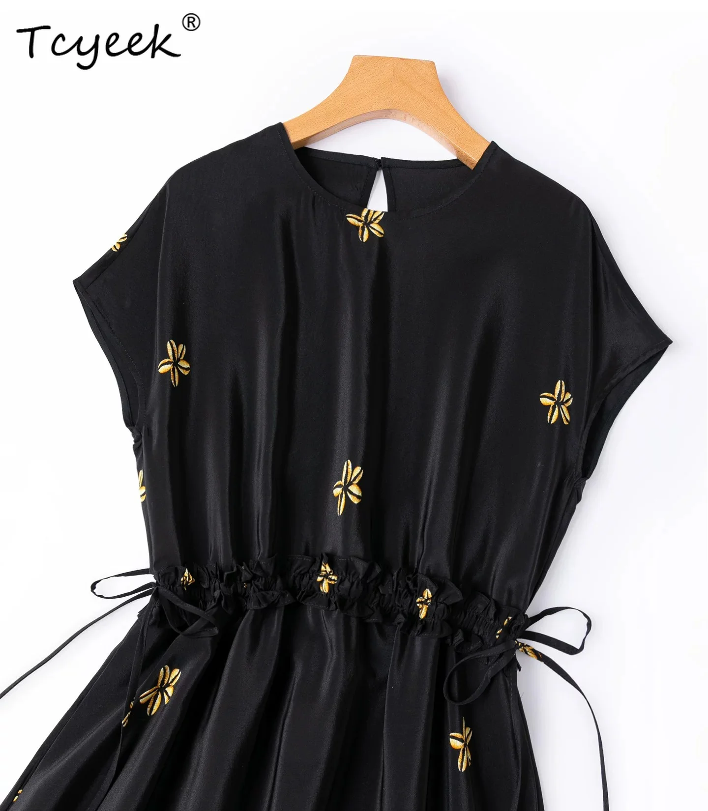 Tcyeek 100% Real Mulberry Silk Party Dress Women Summer Clothes Elegant Womens Dresses Soft Loose Fit Waist Drawstring Платье