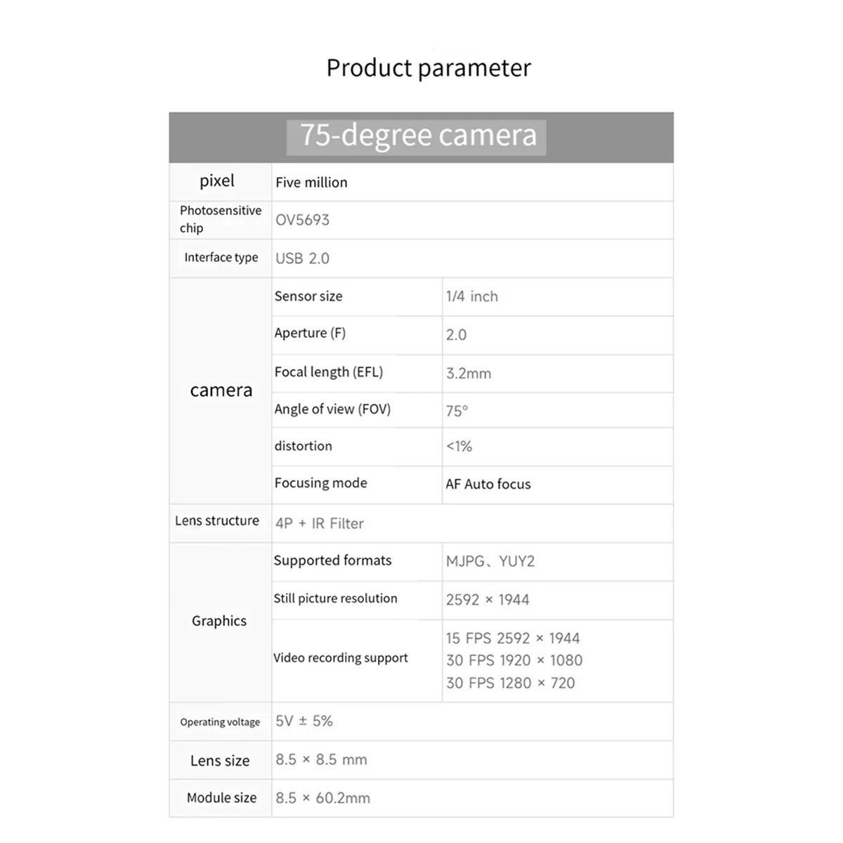 Módulo de cámara de 5mp Cámara Usb2.0 Ov5693 Módulo de cabezal de cámara de 75 grados