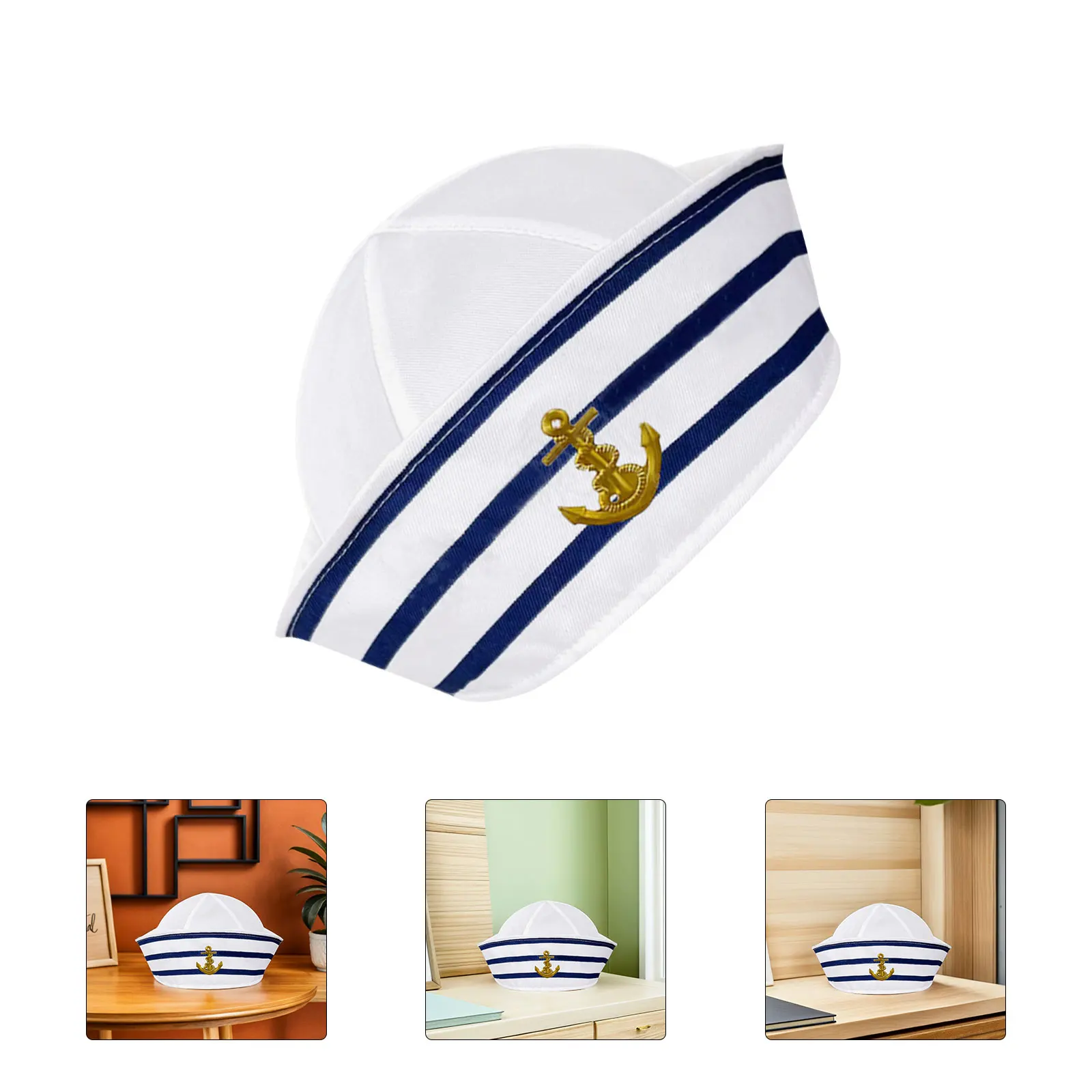 

Blue White Striped Sailor Hat 56cm Size One Size Fits All Polyester Fiber Women Men Cosplay Stage Performance Boat Captain Hat