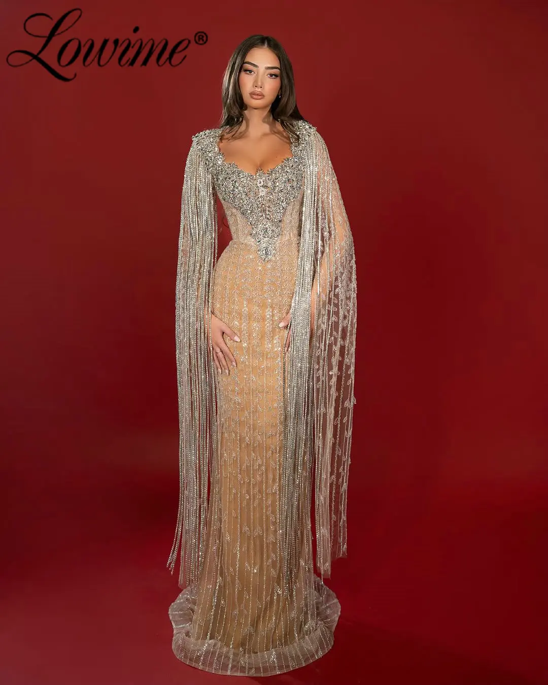 

Арабское шампанское с блестящими кристаллами и кисточками Вечерние платья русалки с накидкой на рукавах Индивидуальные женские платья для свадебной вечеринки и выпускного вечера