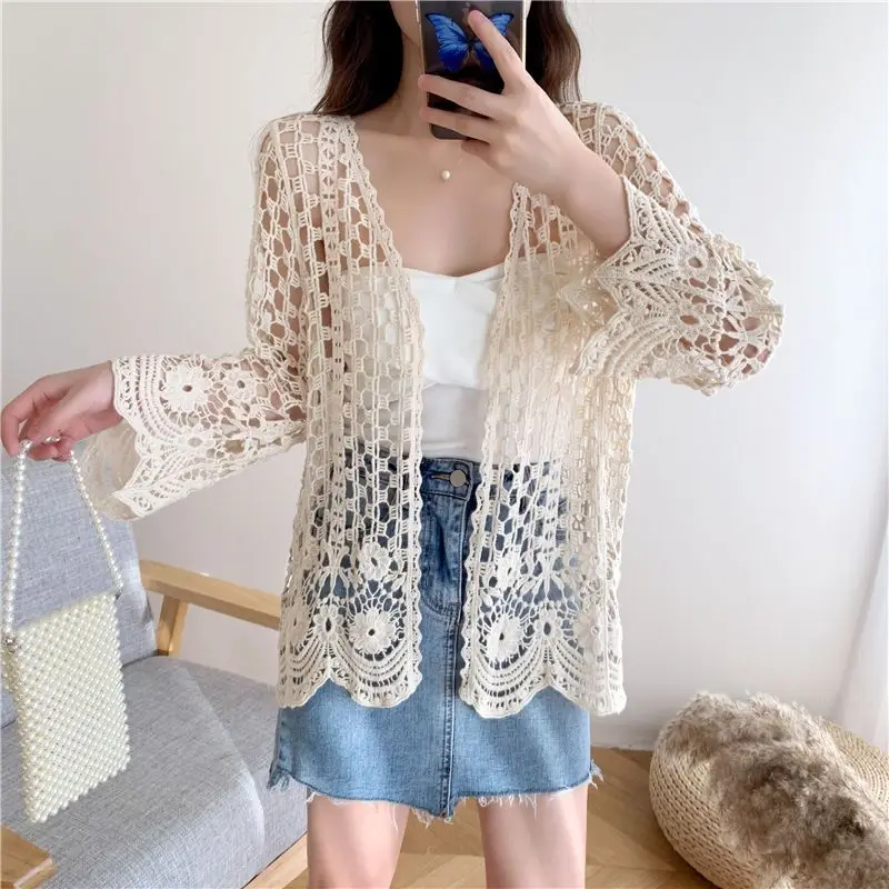 Spring New Beach Sunscreen Shirt Women\'s Pure Cotton Hollow Knitted Cardigan Versatile Western Style Coat