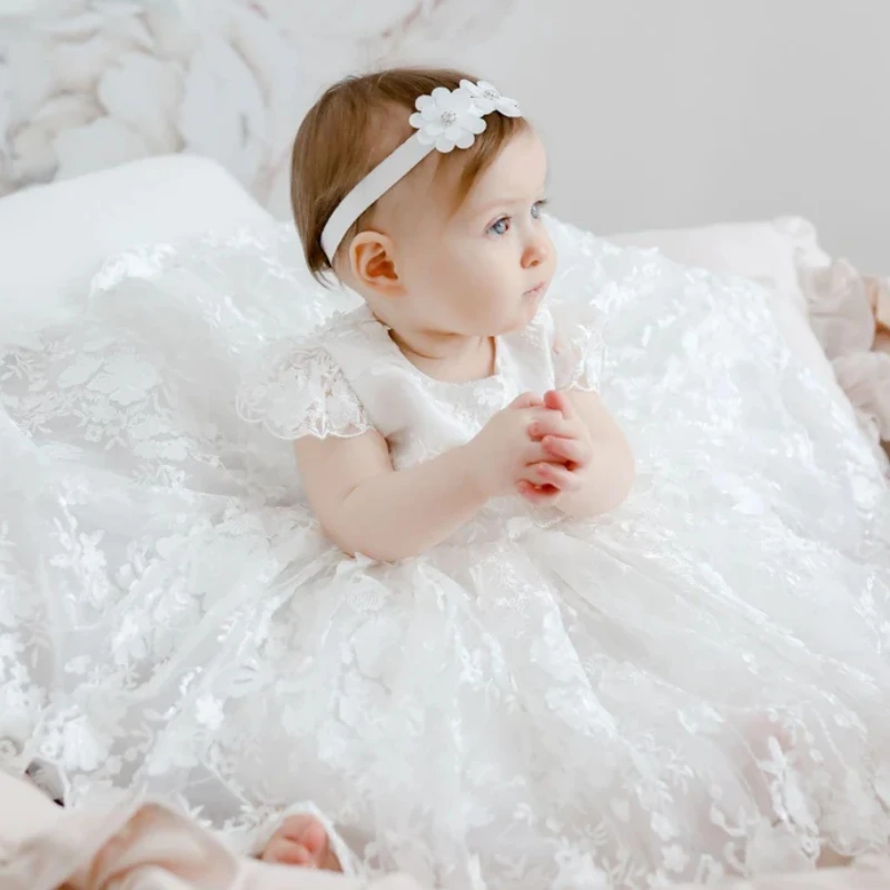 White Baby Dresses Flower Girl Dresses Tulle Flory Pattern Short Sleeve For Wedding Birthday Party First Communion Gown