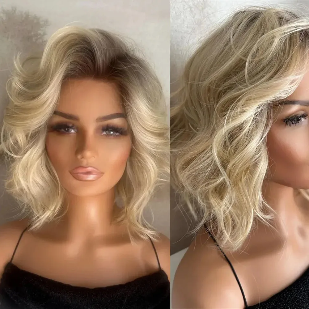

Layered Short Wavy Platinum Highlights Lace Front Wig Heat Resistant Fibre Dark Roots Warm Blonde Bob Wig Preplucked Hairline