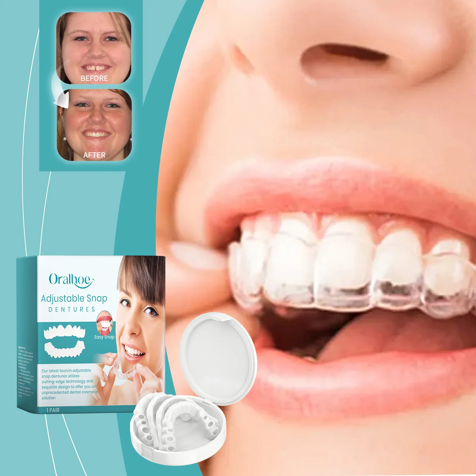 Perfect Fit Teeth Whitening Dentures Adjustable to Fit Oral Shape Teeth Snap-on Silicone Smile Veneer Flexible Denture Device