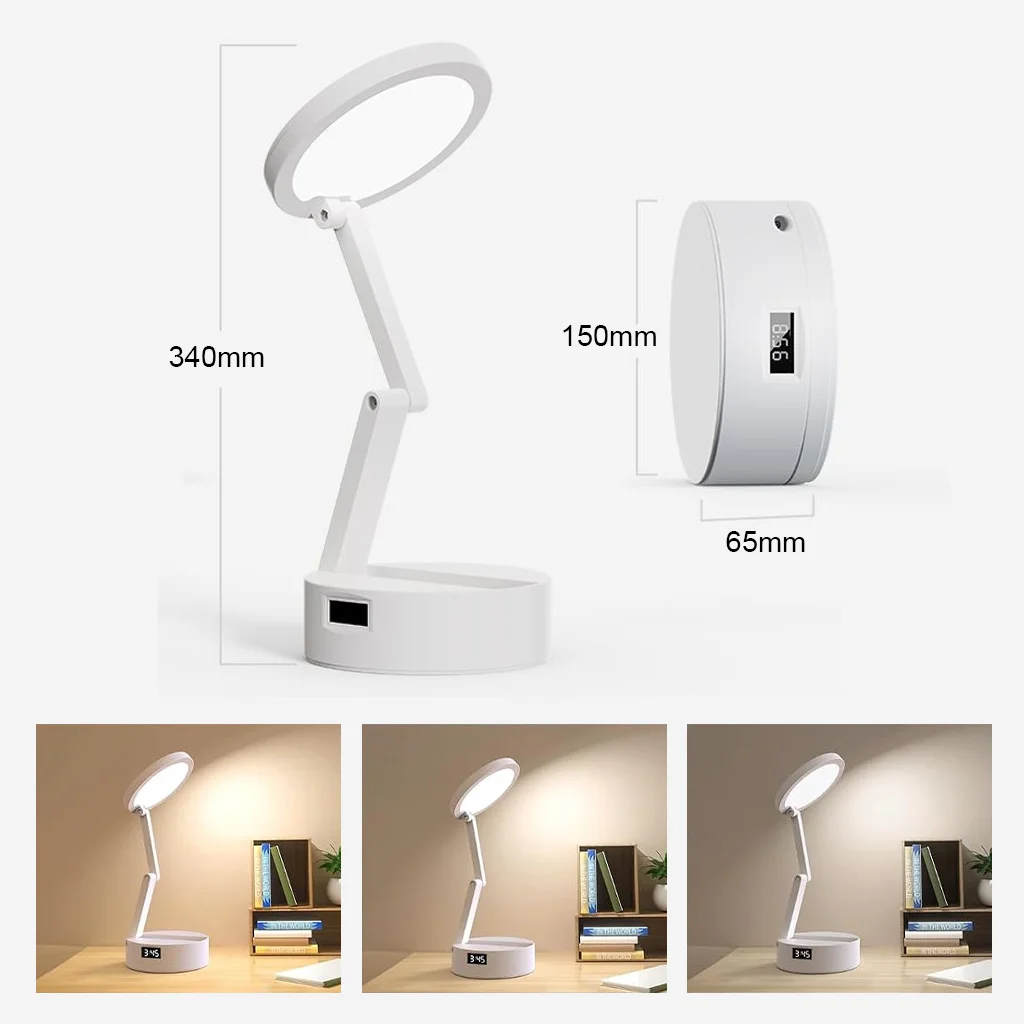 Desk Lamp Rechargeable Table Lamp Dimmable Travel Lamp with LED Clock Touch Control Foldable Reading Light for Home Office