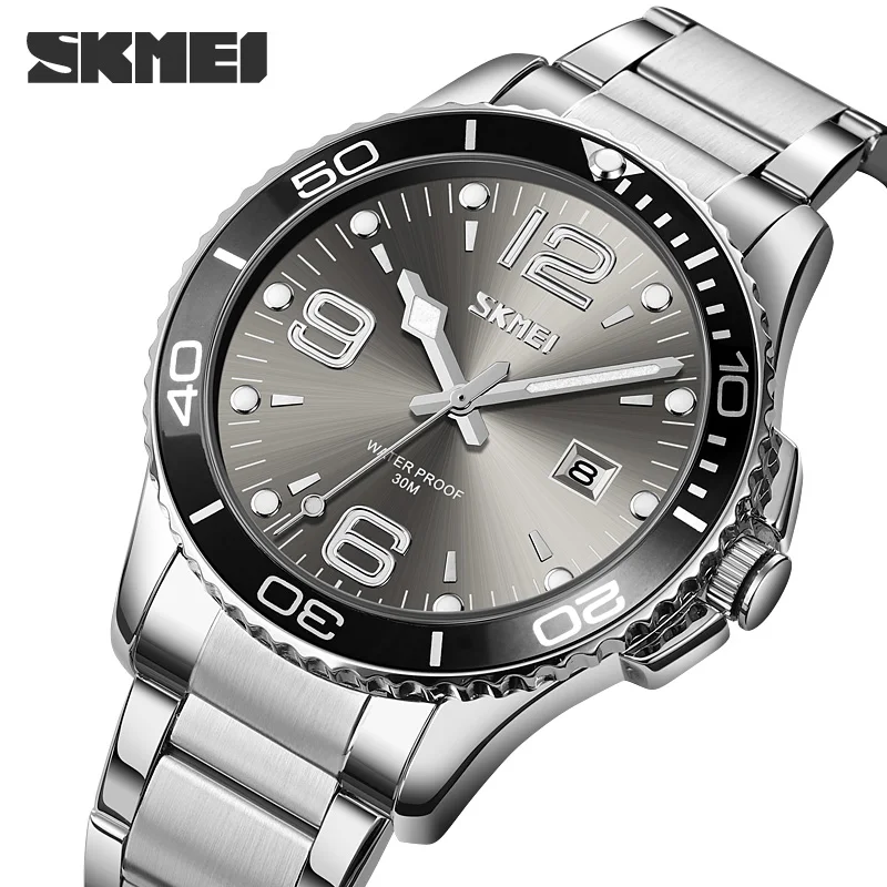 SKMEI Clock Luxury Stainless Steel Quartz Watch Simple Dial Calendar Wrist Watch Fashion Modern Men Watches Original Design