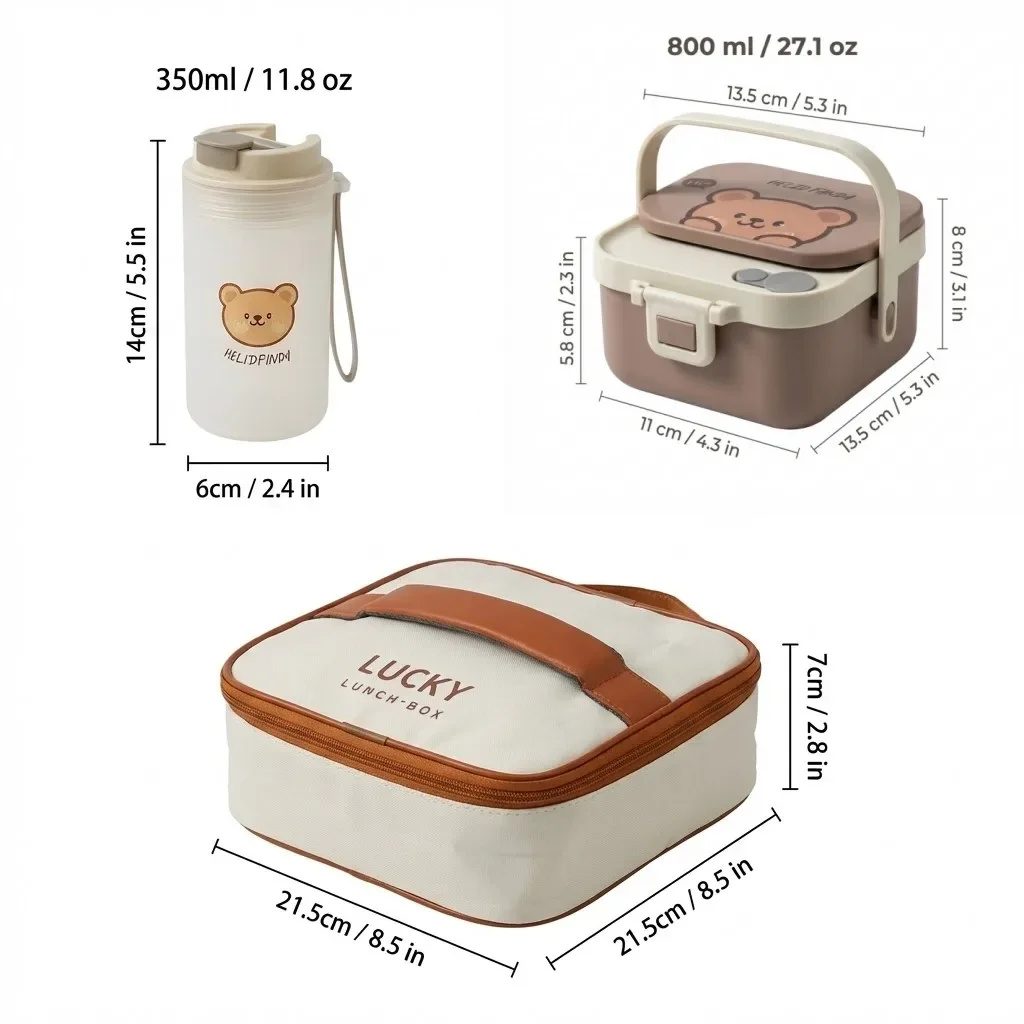 Vierkante lunchbox van roestvrij staal 304 met bestek en handvat, draagbaar, met een vrolijk cartoonmotief, geschikt voor fruit, salades en andere maaltijden, ideaal voor kinderen en studenten.