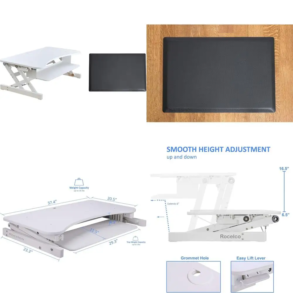 Rocelco 37.5 Deluxe Height Adjustable Standing Desk Converter with Anti Fatigue Mat BUNDLE - Quick Sit Stand Up Computer Worksta