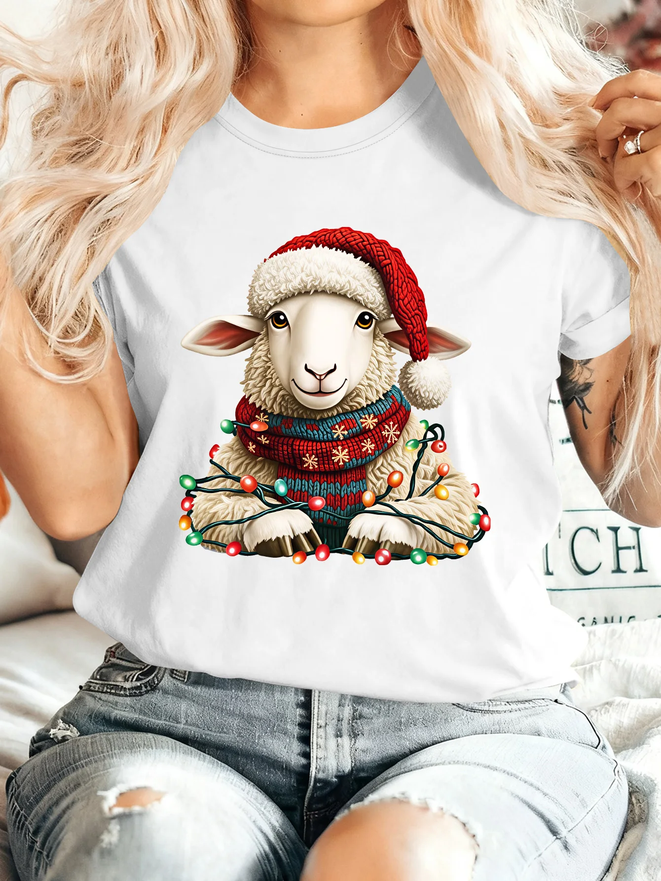 Women Crew Neck Tee Christmas Sheep Santa Hat Light String Graphic Print Short Sleeve Loose Ladies Cotton Plus Size Casual Top