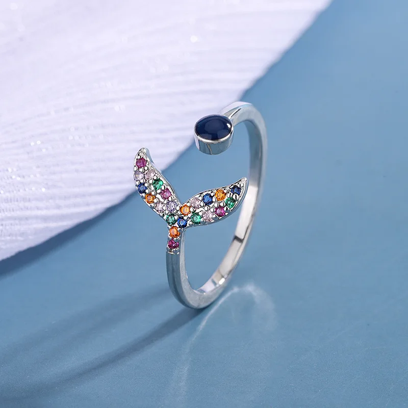 New Fashion Style Colorful Fish Tail Set Diamond 925 Sterling Silver Creative Personalized Opening Rings  R073