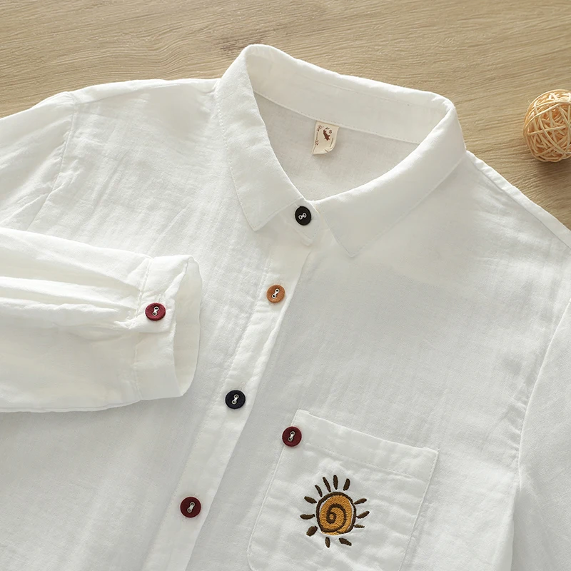 

New Sweet Sun Embroidery Double Cotton White Shirt Women Clothing Turn Down Collar Colorful Button Female Blouse Tops U296