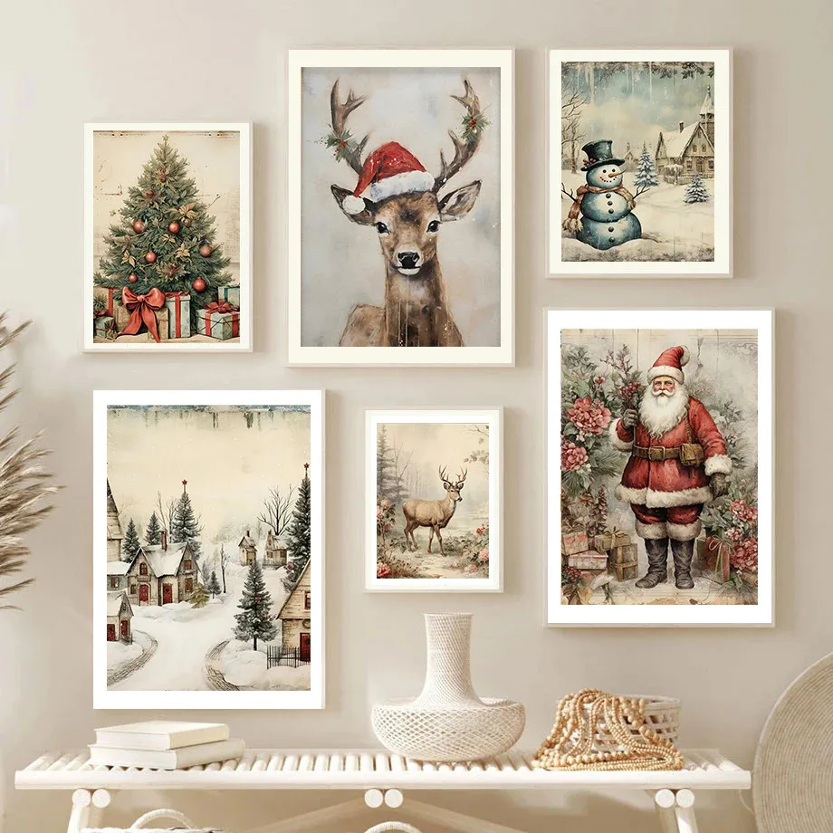 Weihnachtsmann Weihnachtsbaum Kunstdruck Rentier Vintage Urlaub Poster Leinwand Malerei Bauernhaus Wandkunst Wohnzimmer Home Dec