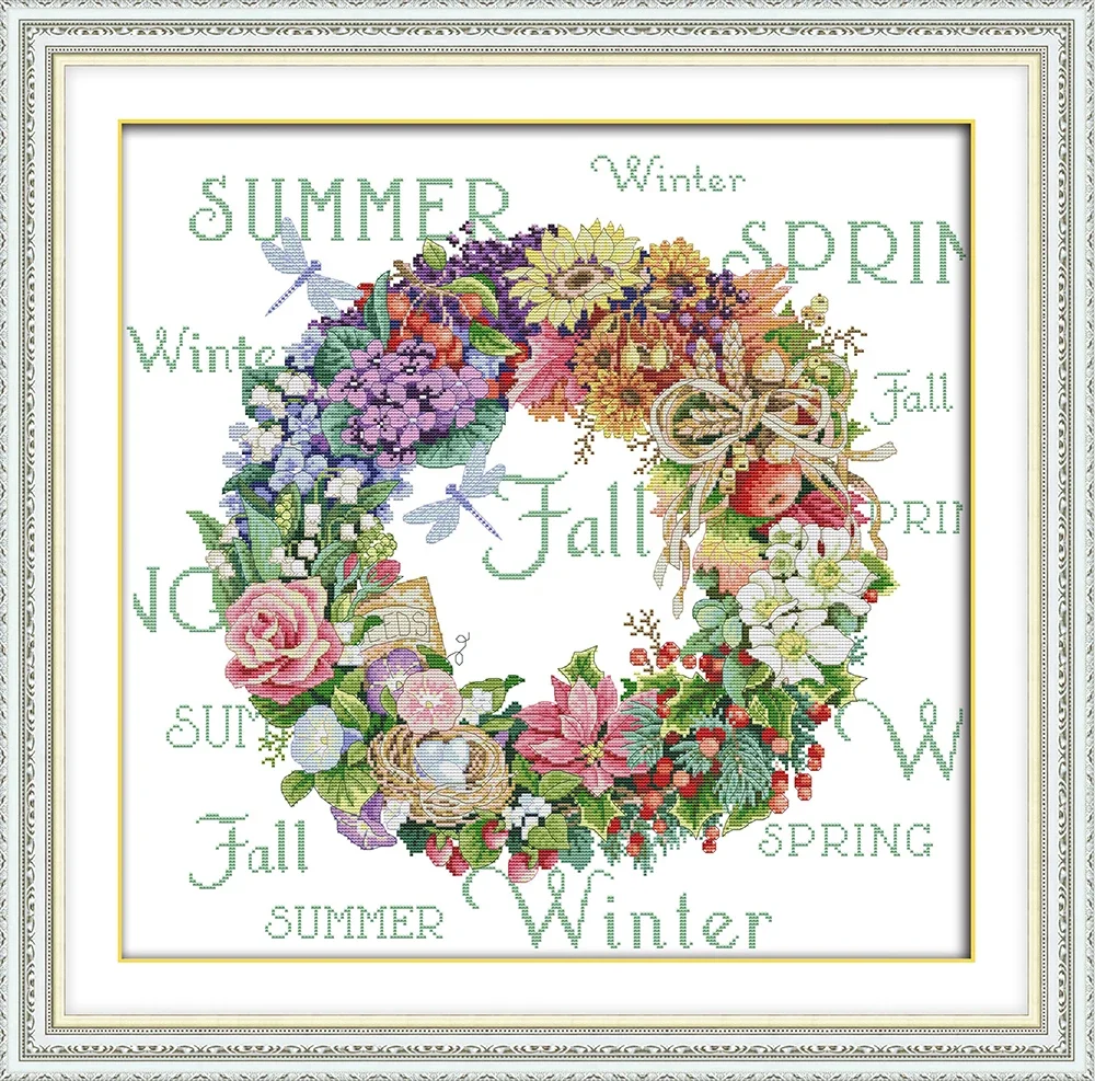 Joy Sunday New Printed Cross Stitch Kit  Easy Pattern Aida  Stamped Fabric Embroidery Set DIY Needleworks-Wreath of All Seasons