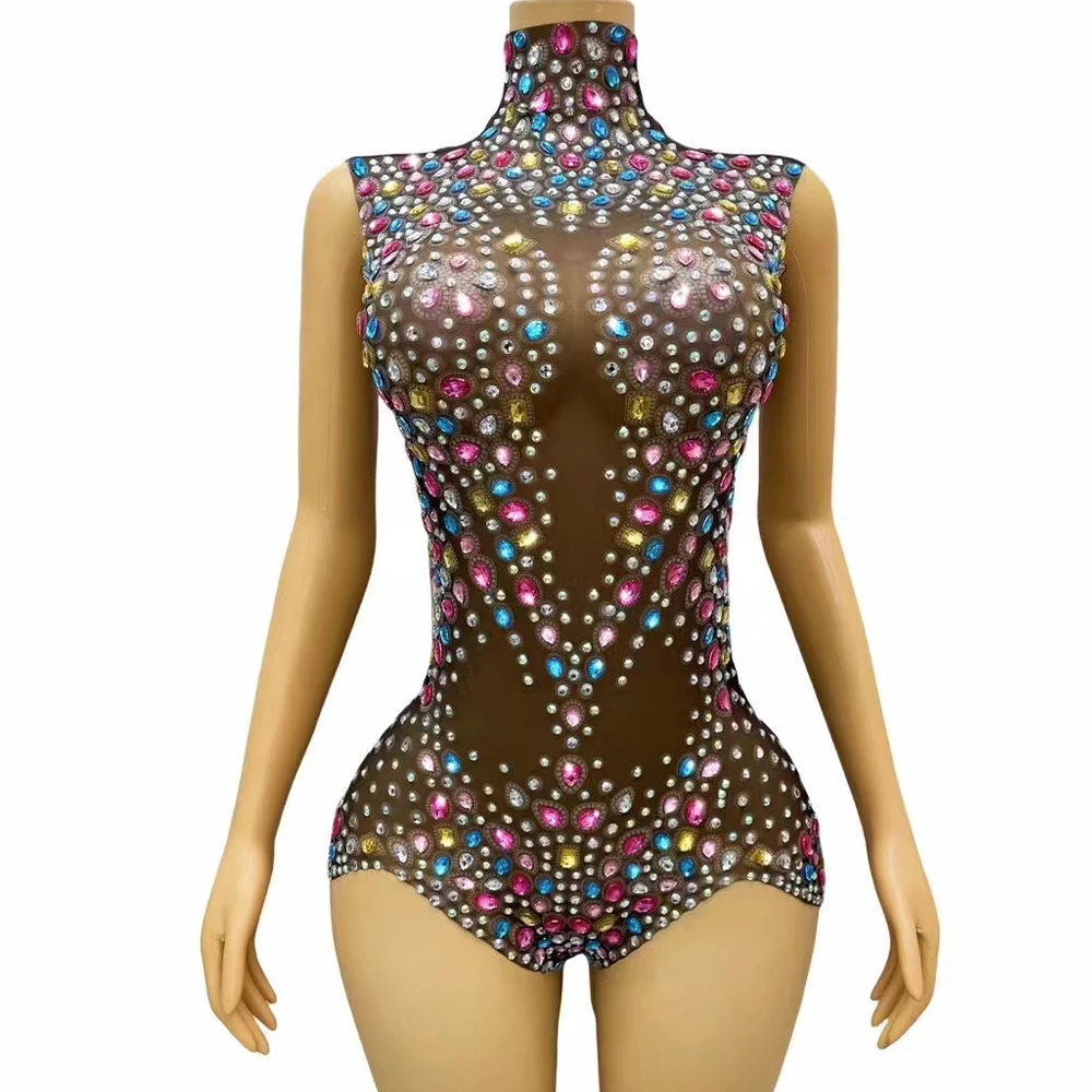 

Sexy Stage Colorful Rhinestones Crystals Black Leotard Luxury Celebrate Club Birthday Sleeveless Bodysuit Photoshoot Costume