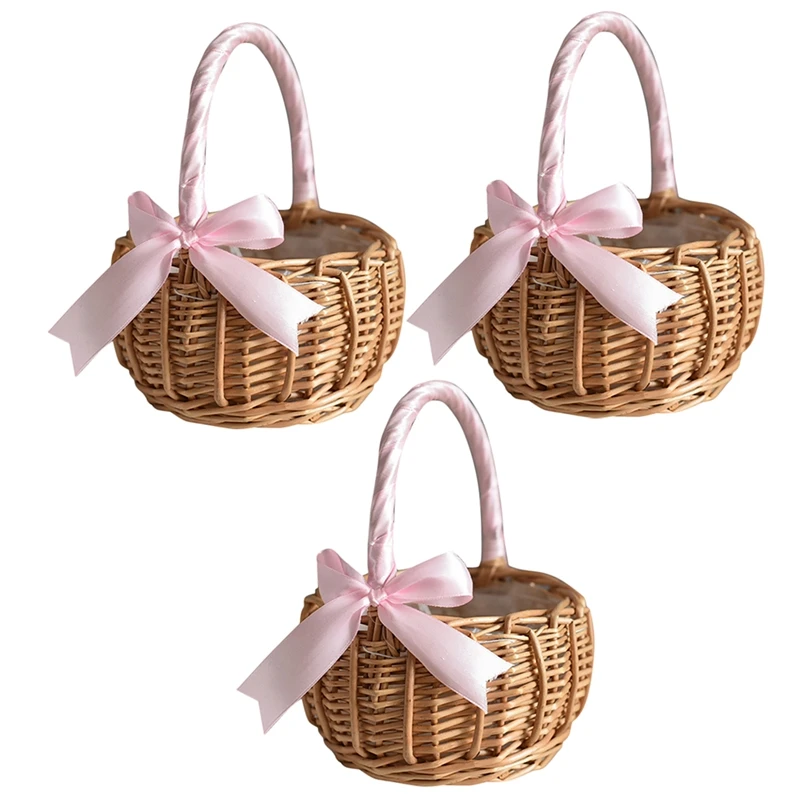 

Hot 3X Wicker Woven Flower Basket, With Handle And Pink Ribbon, Wedding Flower Girl Baskets, For Home Garden Decoration(S)