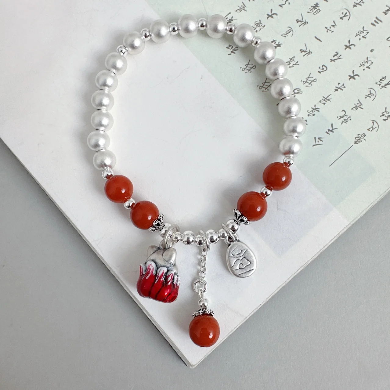 Ethnic 999 Silver Little Fox Charms Bracelet for Women Original Design Red Agate Silver Beads Handmade Bracelets Jewelry SL112