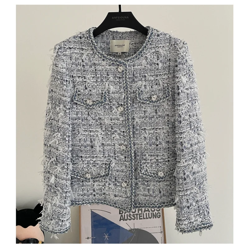 

Women High Quality French Casual Tweed Coat Long Sleeve Pocket Fringed Lace O Neck Basic Chic Small Fragrance Lady Coat