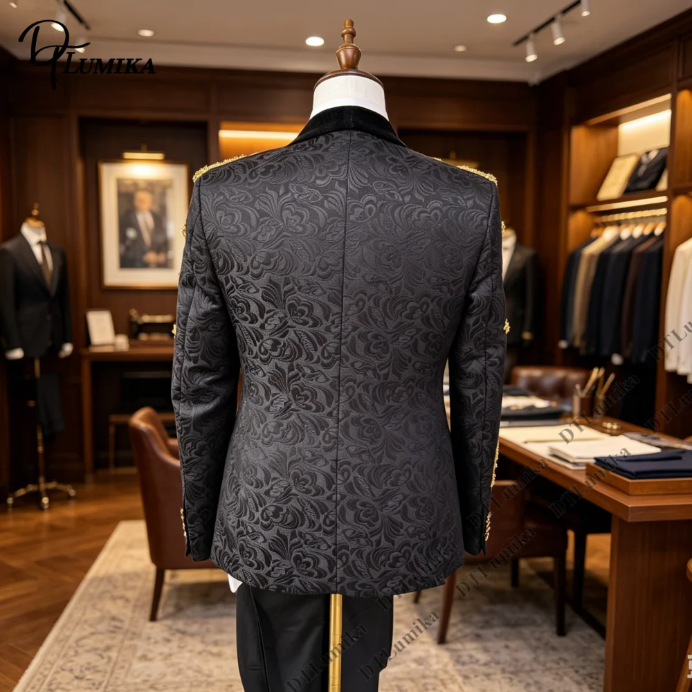 DTLumika 100% Actual Photo Men's 3-Piece Suit Set with Beaded Appliques, Velvet Collar Jacquard Jacket Vest with Matching Pants