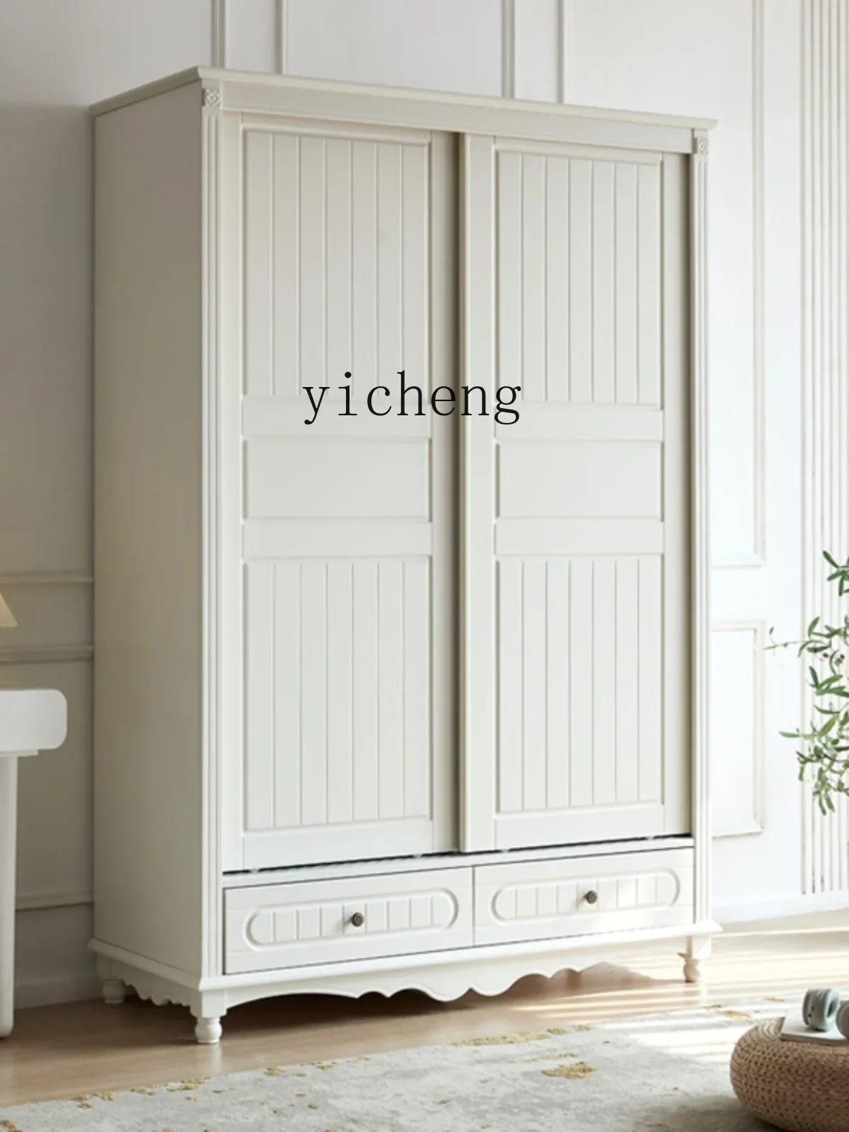 v9.9-Solid Wood Wardrobe Two-Door Bedroom Hanging Wardrobe 0.9 M Sliding Sliding Door Storage Cabinet