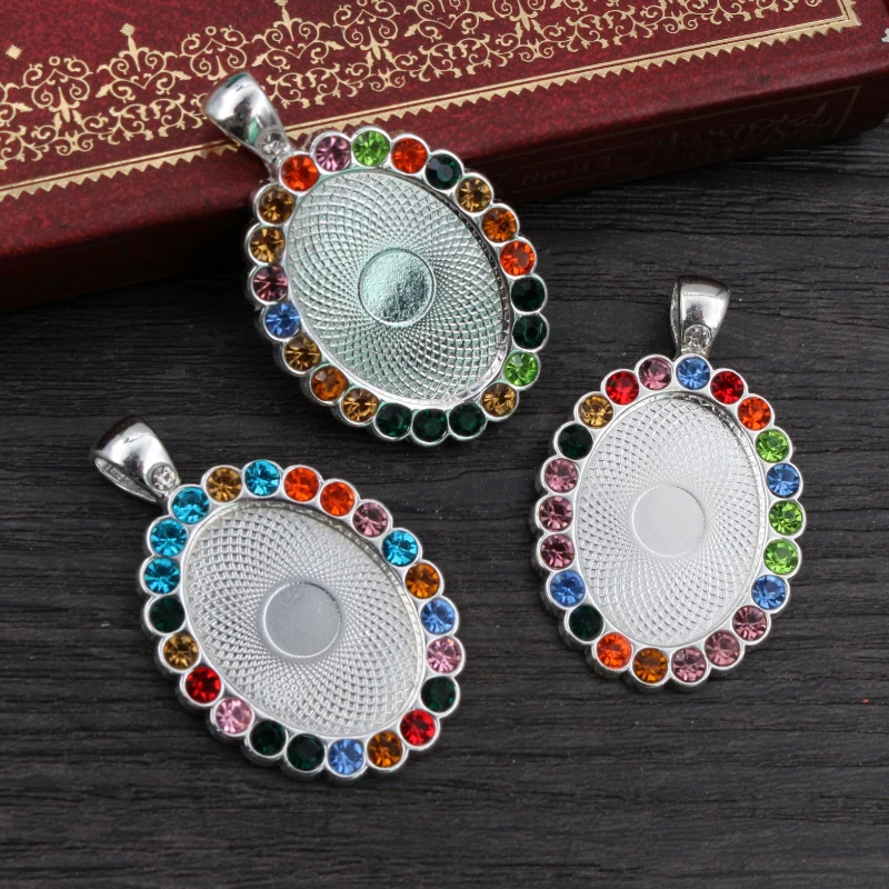 5pcs 18x25mm Inner Size 2 Style Bright Silver Plated  Blue Rhinestone Style Cameo Cabochon Base Setting Pendant