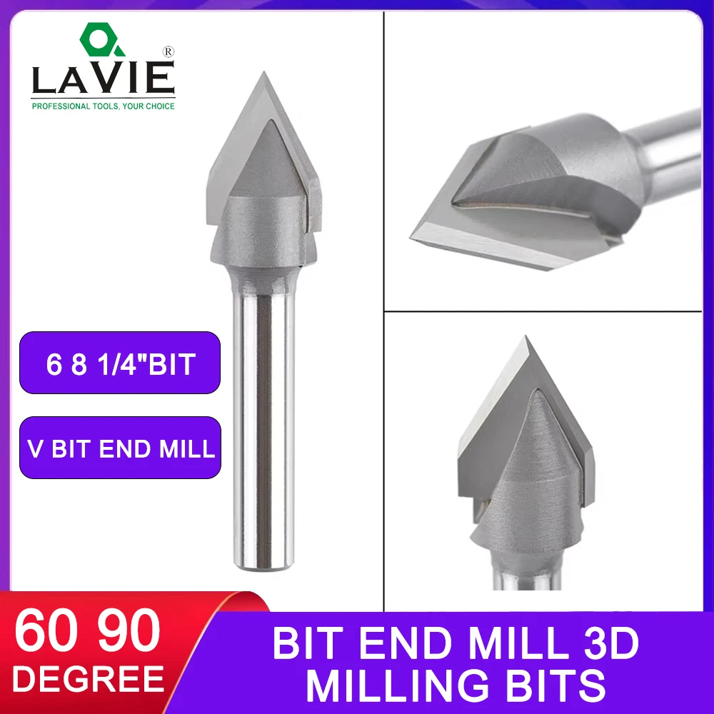 V Bit End Mill 3D Bits Carbide Steel V Shape Chamfer End Mills Woodworking Engraving Bit 60 90 ° Shank 6 8 1/4" Milling Cutter