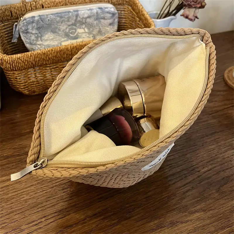 

Women's Makeup Bag Sanitary Napkins Cosmetics Storage Bag Convenient Large Capacity Thick Ear of Rice Woven Fabric Handbag