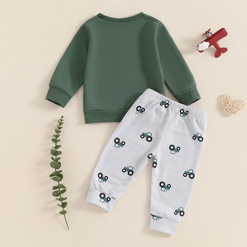 Baby Clothing Boy Tractor Print Long Sleeve Sweatshirt with Elastic Waist Sweatpants Infant Newborn Pat Clothes Set