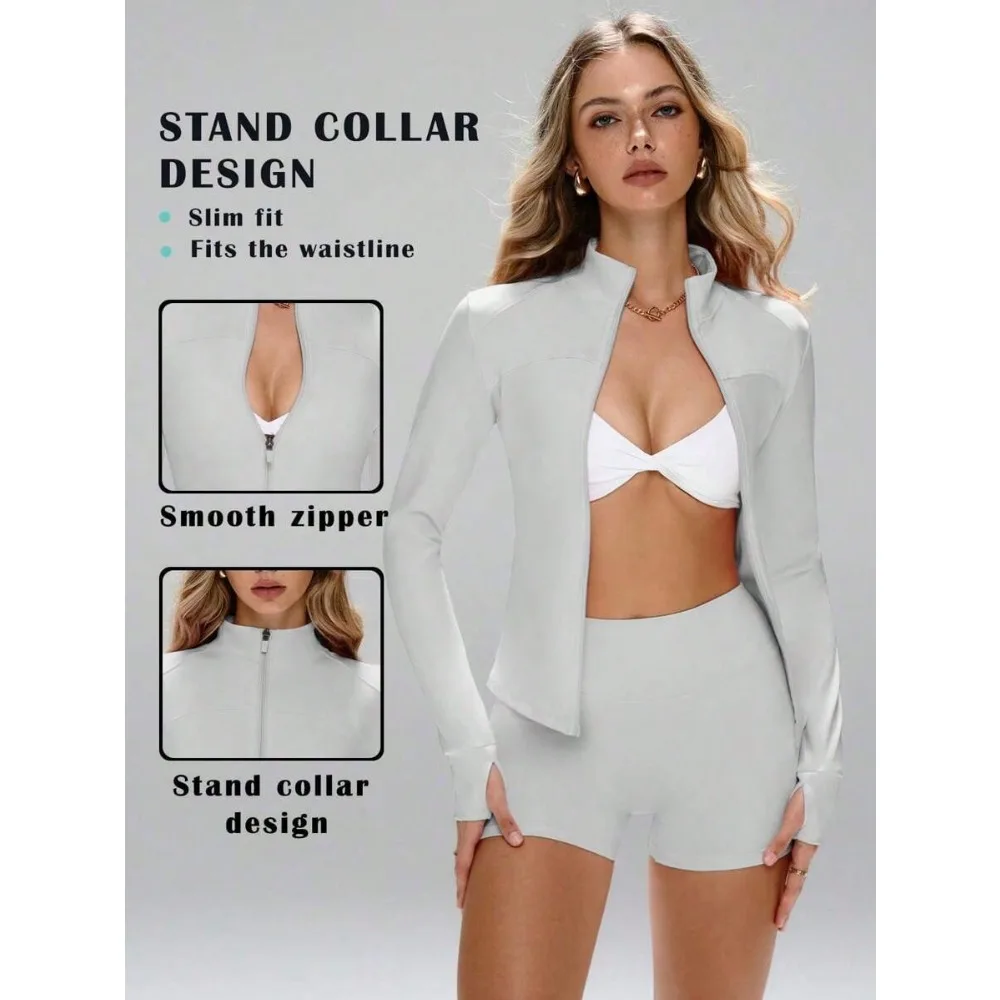 

This Sporty Jacket Features A Minimalist And Fashionable Style, Combining Collegiate And Athletic Elements. With Long Sleeves And Thumb Holes, The Comfortable Stretchy Fabric Is Suitable For Dance/Pilates Workouts. The Front Zip-Up Design With A Low Colla