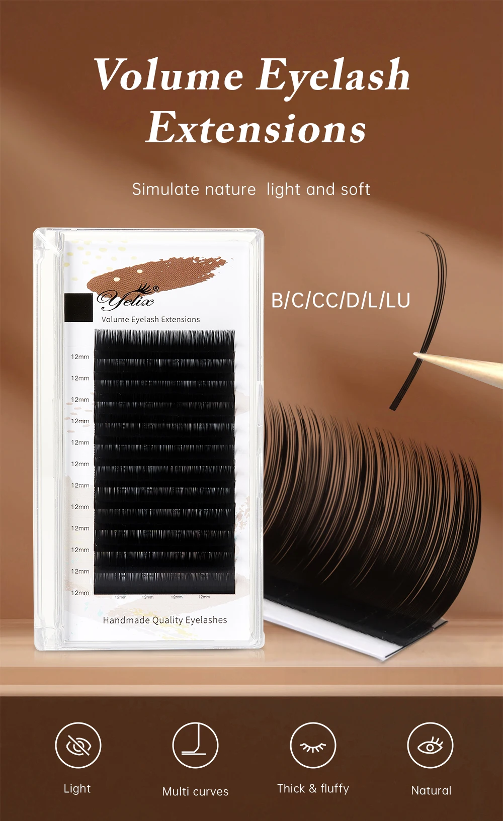 Yelix 12-reihige Volumen-Wimpernverlängerungen mit Klebstoff, knickfrei, professioneller Salon- & Großhandelslieferant für Wimpern, Multi-Curl-Tray – Detail 1