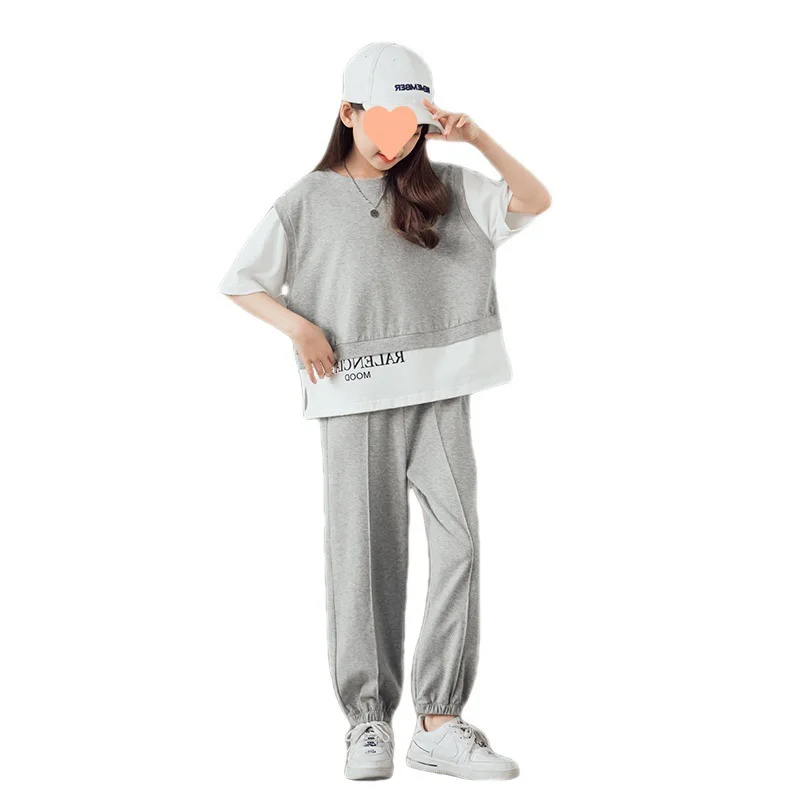 Children's sports suit summer new middle-aged and older children's short-sleeved two-piece set, girls' casual pants suit tide 5