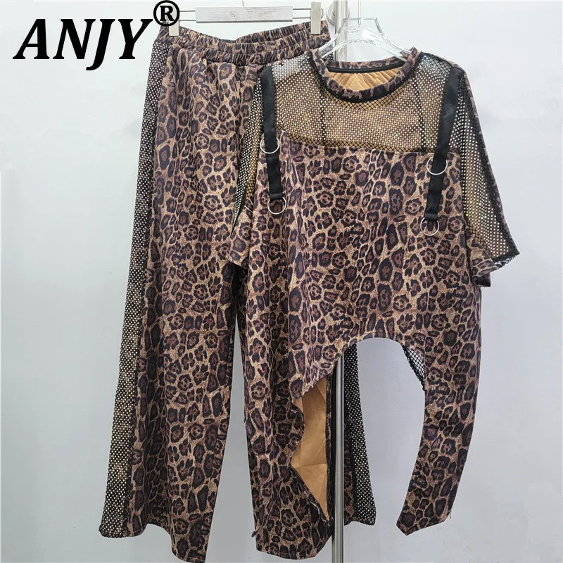

ANJY Spring Summer New Women Loose Fit Slim Mesh Diamonds Patchwork Leopard Print Short Sleeve Top Chic Casual Long Pants A21222