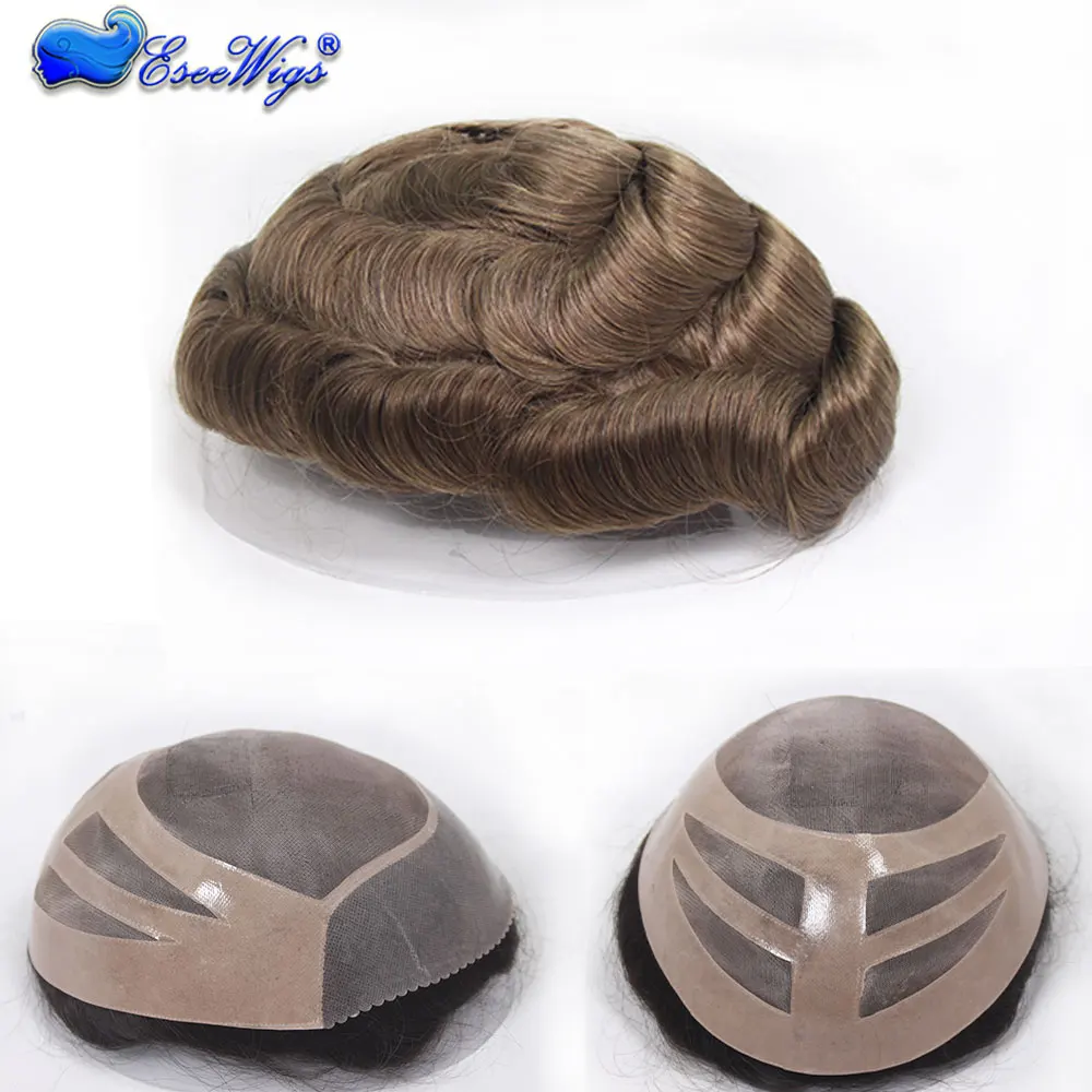 شعر بشري هندي مموج للرجال قطعة شعر مستعار أحادية الدانتيل 10X8 بني فاتح 7 # نظام استبدال الألوان للرجال