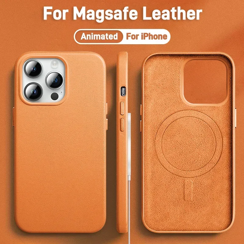 

Luxury Leather Magnetic Cases For iPhone 16 15 14 13 Pro Max Plus For Magsafe Wireless Charging With Animation Phone Accessories