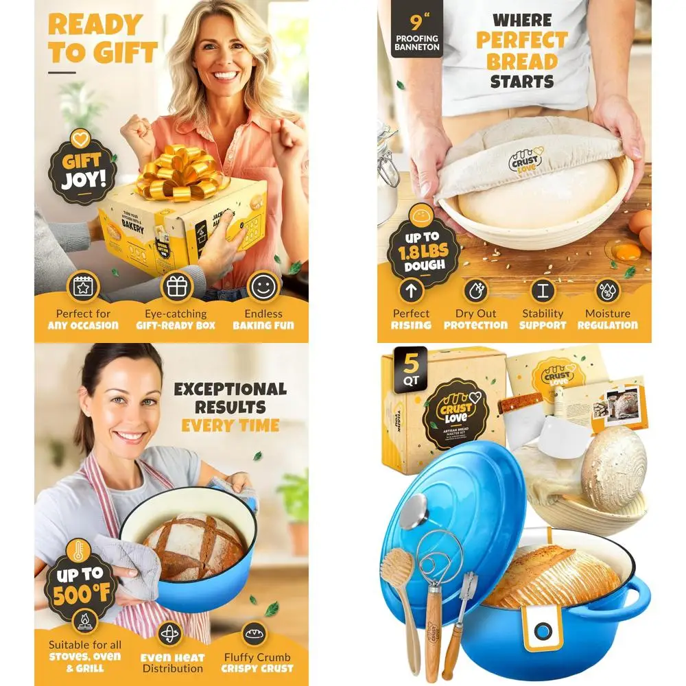 

Enameled Cast Iron Dutch Oven for Bread - 5QT with Lid, Banneton, Sourdough Starter Kit