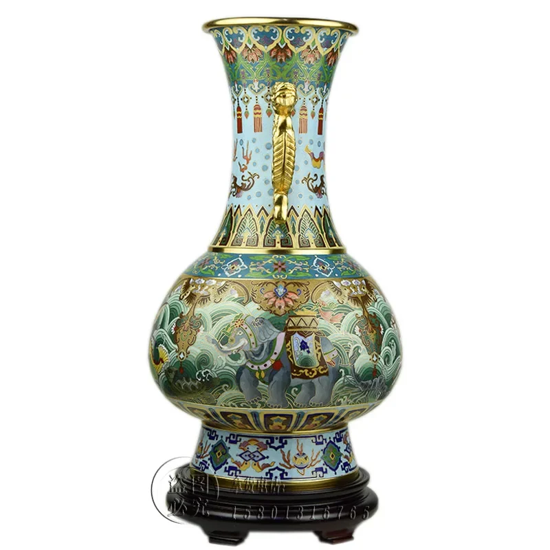 Li Rongkui Beijing Cloisonne Vase 18-Inch Fulin Four Seas Double Dragon Ear Statue Cloisonne Enamel Office Collection Gift