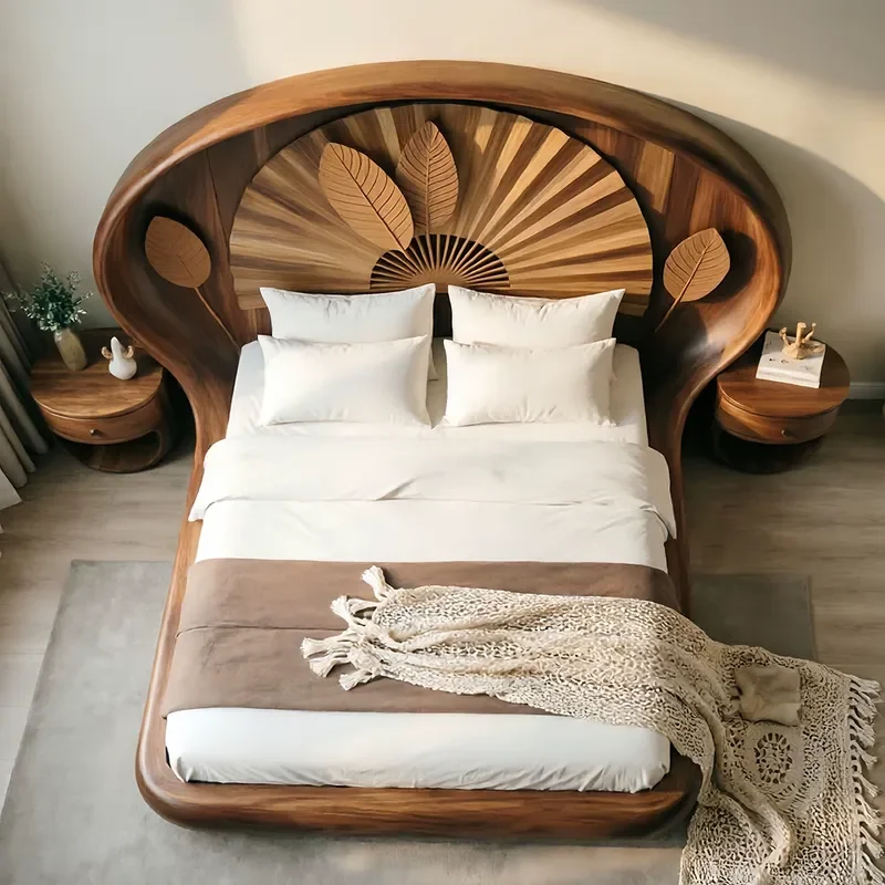 New Chinese Style Solid Wood Bed 2026 Creative Leaf Design Master Bedroom Double Bed Tenon Mortise Song Aesthetic Retro