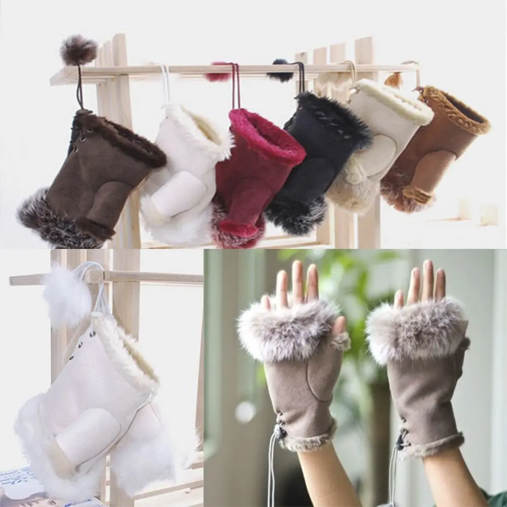 Solid Lady Hand Winter Warm Wrist Genuine Trim Fashion Women Rabbit Fur Fingerless Gloves