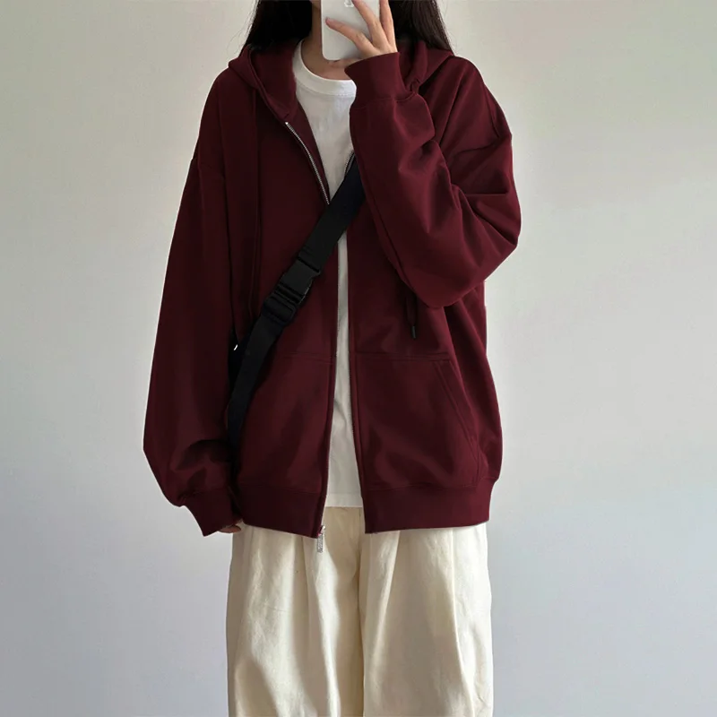

Ankela Red Hooded Sweatshirt Jacket Women's Early Autumn Open Cardigan High-End Large Size Trendy American Lazy Style Top
