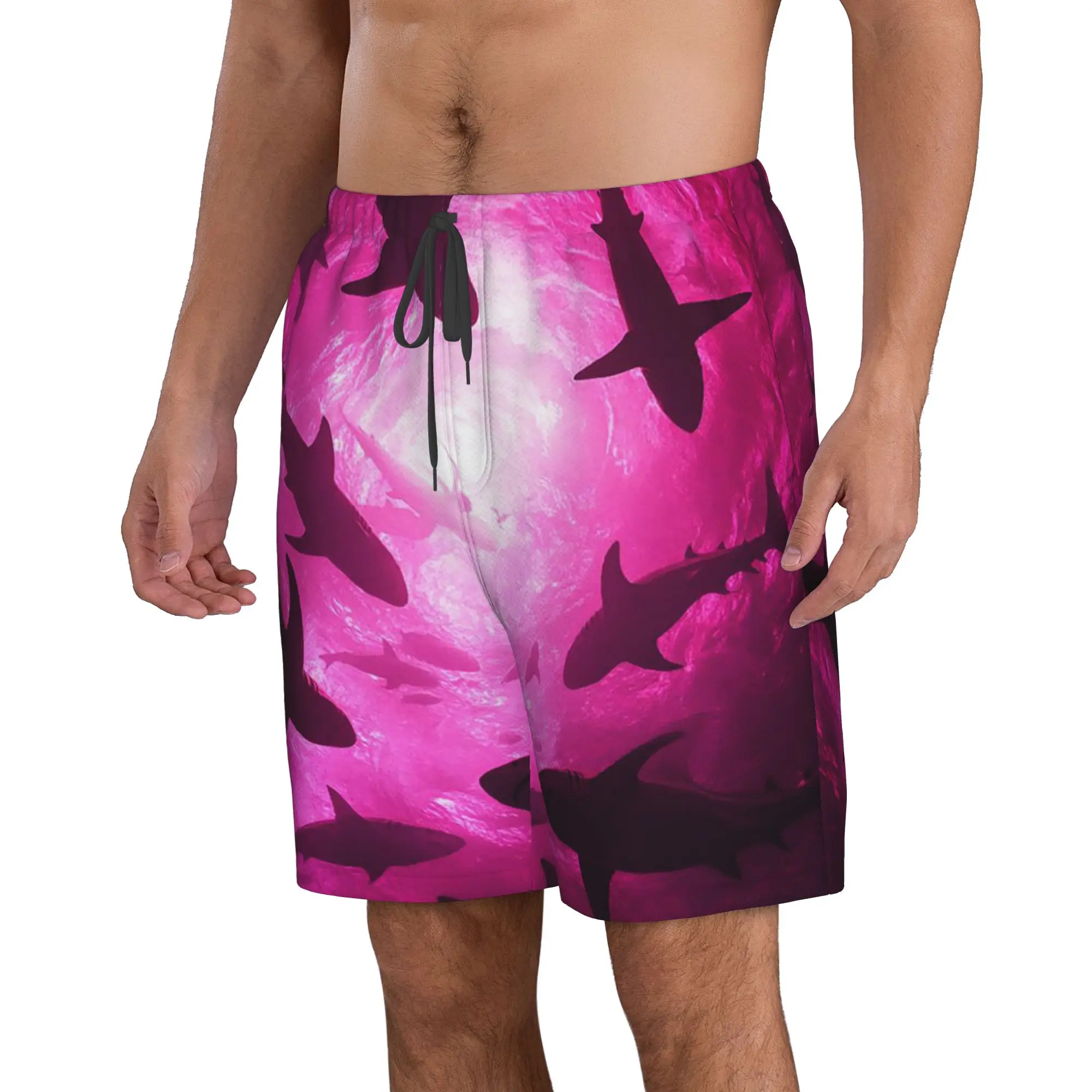 Vibrant Pink Shark Silhouette Pattern Trunks Beach Board Shorts Casual Quick Dry Swim Summer Men Pants