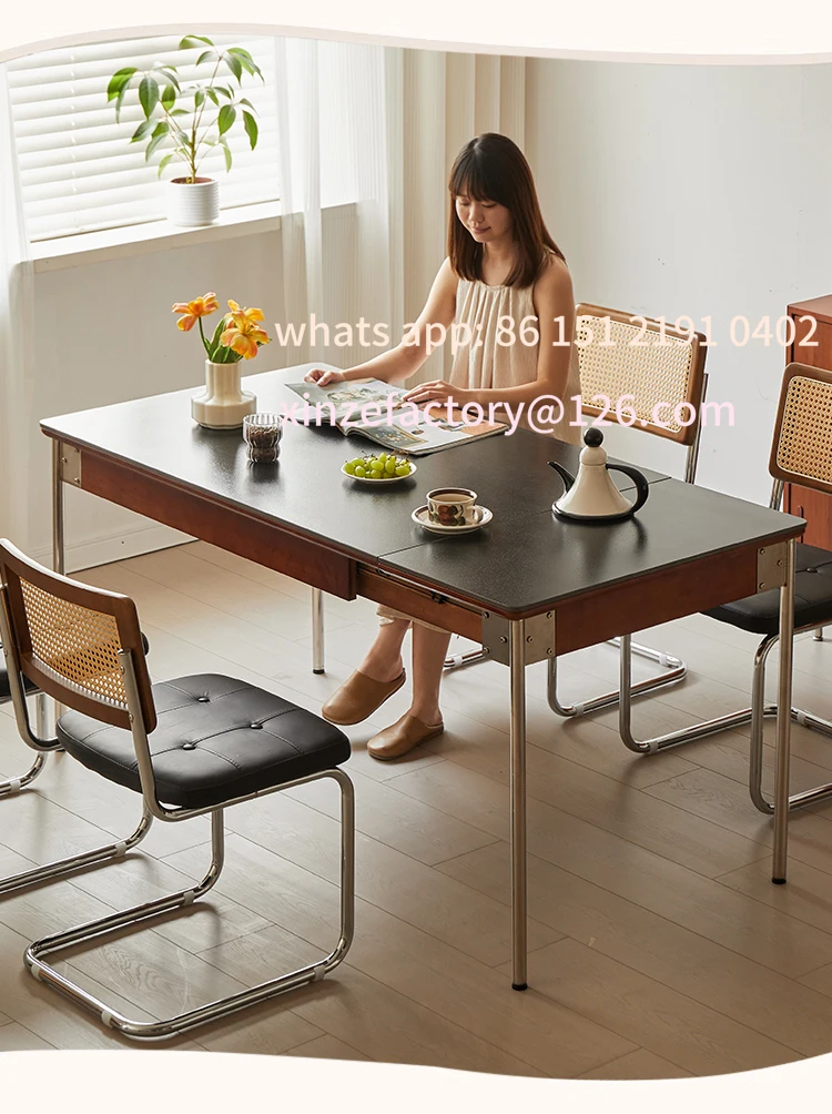 

Customizable family dining table and chairs retro style retractable folding Nordic small apartment solid wood rock board table