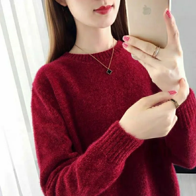 Fashion Bow Solid Color O-neck Sweater Women Autumn Winter Simplicity Loose Long Sleeve Knitwear Casual All-match Knitting Tops