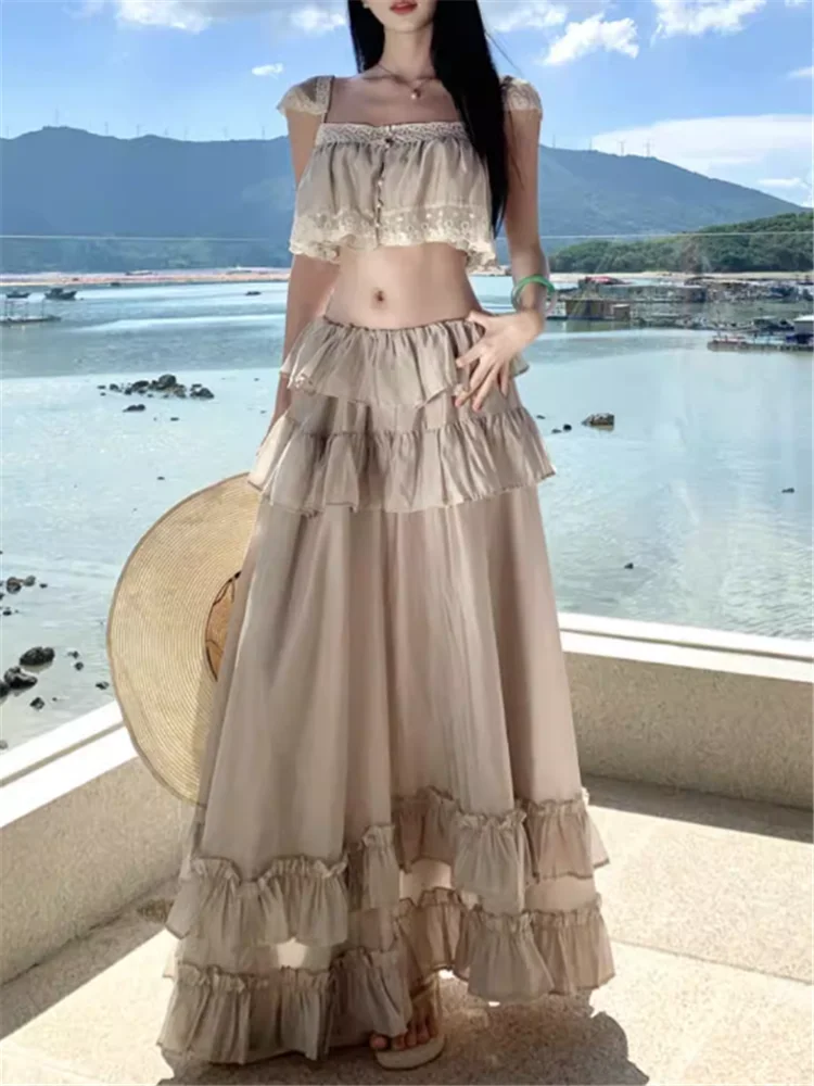 

2 Pieces Seaside Beach Photo Dress 2026 New Summer Holiday Boho Little Tank Top&Ruffles Long Maxi Skirt Sets 2pc Fairy Dress
