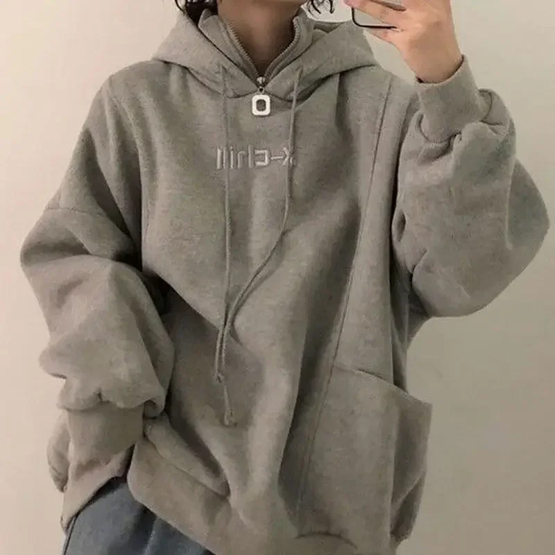 Autumn Fashion Korean Hoodies Women Winter Thick Warm Letter Embroidery Long Sleeve Pullover Loose Chic All Match Sweatshirts