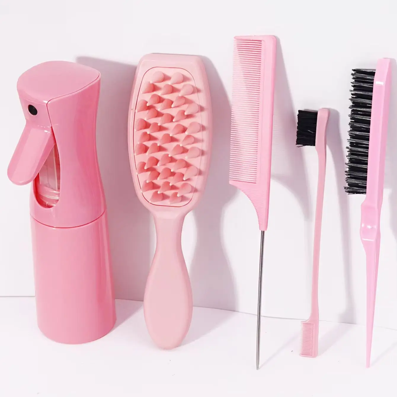 مجموعة أدوات تصفيف الشعر مكونة من 5 قطع، مع زجاجة رذاذ، وفرشاة شامبو، ومشط، وفرشاة شعر وفرشاة حافة خاصة بشعر مستعار حقيقي