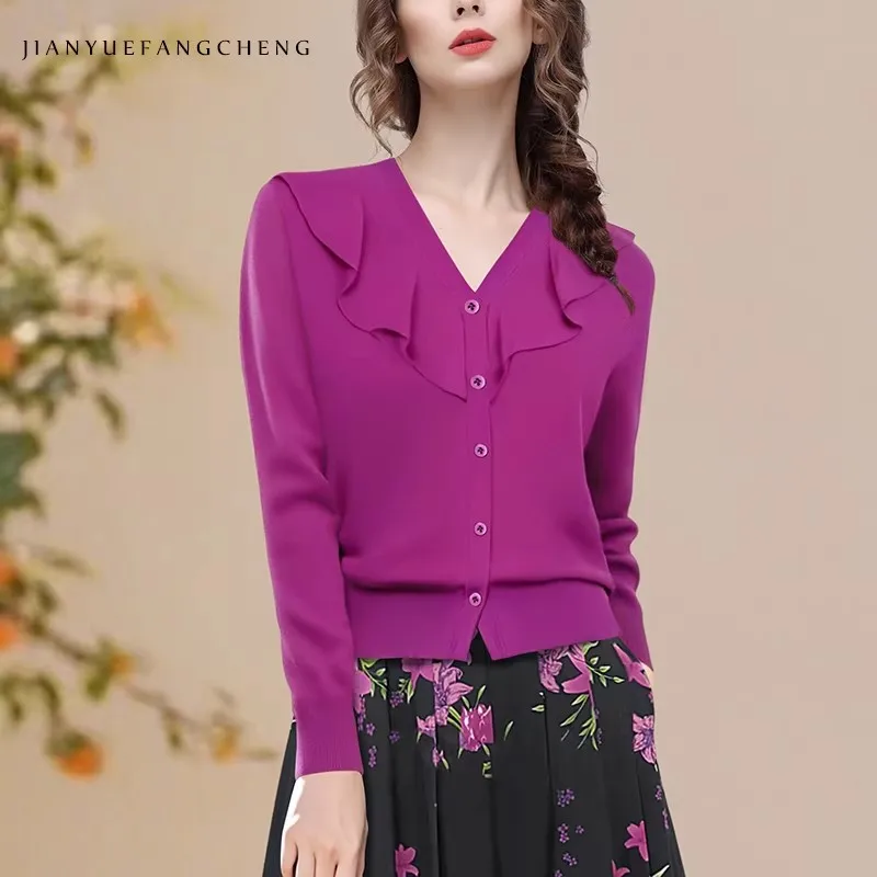 

Женский пурпурный ультратонкий вязаный свитер с длинными рукавами, осенне-зимний низ, топ с v-образным вырезом, рюшами, на пуговицах, кардиганы, шерстяной свитер