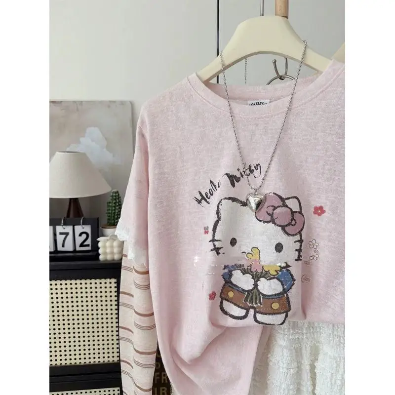 

Sanrios Hello Kittys Striped Spliced Sleeve Long Sleeve T-Shirt Hot Selling Cotton Plus Size Sun Age Defying Wholesale Fashion